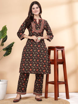 Nayam by lakshita - Black Floral Printed Cotton Kurta with Pant (Set of 2)