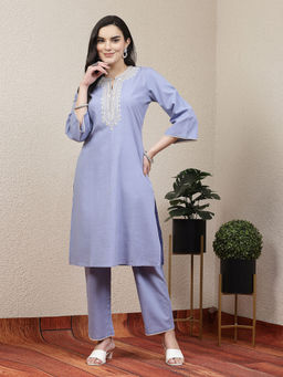 Nayam by lakshita - Powder Blue Solid Embroidered Kurta with Pant (Set of 2)