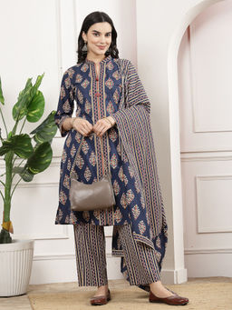Nayam by lakshita - Women Navy Blue Printed Cotton Kurta with Pant and Dupatta (Set of 3)