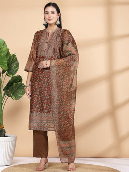 Nayam by lakshita - Brown Floral Printed Chanderi Kurta with Pant and Dupatta (Set of 3)