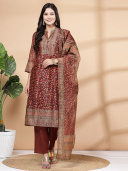 Nayam by lakshita - Maroon Floral Printed Chanderi Kurta with Pant and Dupatta (Set of 3)