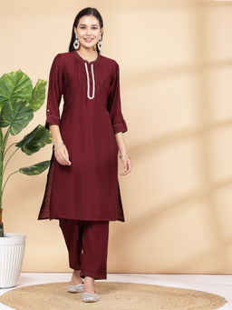 Nayam by lakshita - Women Maroon Solid A-Line Kurta with Pant (Set of 2)