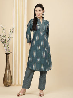 Nayam by lakshita - Women Teal Printed Kurta with Pant (Set of 2)