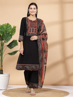 Nayam by lakshita - Women Black Modal Chanderi Kurta with Pant and Dupatta (Set of 3)