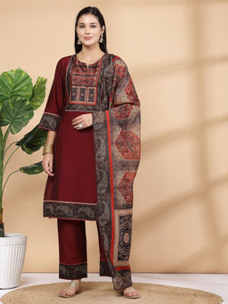Nayam by lakshita - Women Maroon Modal Chanderi Kurta with Pant and Dupatta (Set of 3)