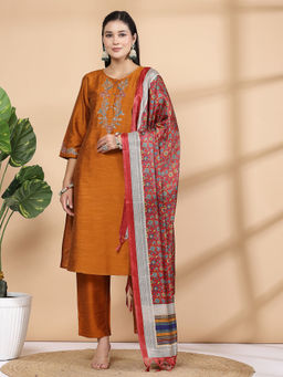 Nayam by lakshita - Orange Embroidered A-Line Kurta with Pant and Dupatta (Set of 3)