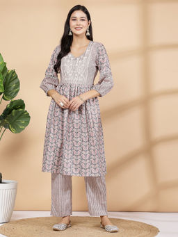 Nayam by lakshita - Grey Printed Flared Kurta with Pant (Set of 2)