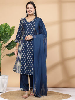 Nayam by lakshita - Women Navy Blue Printed Kurta with Pant and Dupatta (Set of 3)
