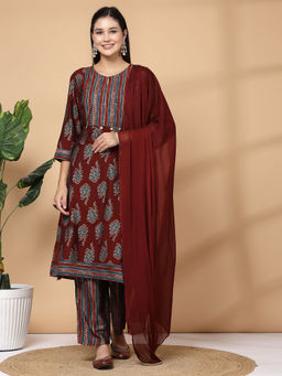 Nayam by lakshita - Maroon Modal Chanderi A-Line Kurta with Pant and Dupatta (Set of 3)