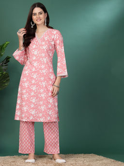 Nayam by lakshita - Pink Printed-Embroidered A-Line Kurta with Pant (Set of 2)