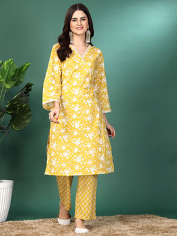 Nayam by lakshita - Yellow Printed-Embroidered A-Line Kurta with Pant (Set of 2)