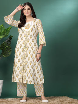 Nayam by lakshita - Women White and Mustard Printed A-Line Kurta with Pant (Set of 2)