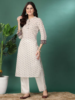 Nayam by lakshita - White and Brown Floral Printed Kurta with Pant (Set of 2)