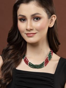 PANASH - Gold Plated Red & Green Multilayered Beaded Necklace