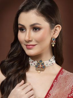 PANASH - Gold Plated Peacock Shape Stone Studded Choker Jewellery Set