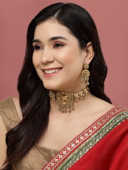 PANASH - Gold Plated Kundan Studded Temple Choker Jewellery Set