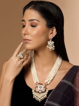 PANASH - Gold Plated Stone Studded & Pearl Beaded Jewellery Set