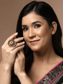 PANASH - Gold Plated Stone Studded & Pearl Beaded Finger Ring