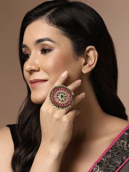 PANASH - Gold Plated Kundan Studded & Pearl Beaded Finger Ring