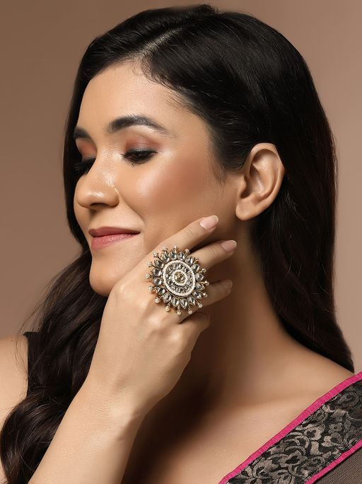 PANASH Gold Plated Kundan Studded & Pearl Beaded Finger Ring