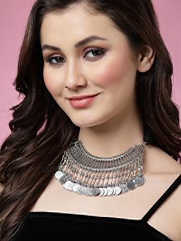 PANASH - Oxidised Silver Plated Coin Shaped Choker Necklace