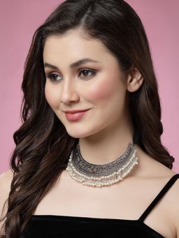 PANASH - Oxidised Silver Plated Pearl Crescent Shaped Choker Necklace