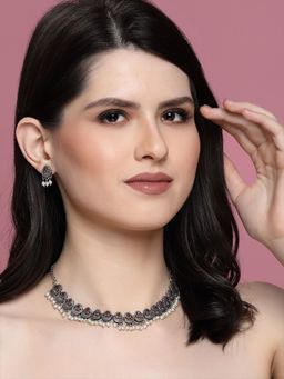 PANASH - Silver Plated Stone Studded & Pearl Beaded Necklace and Earrings