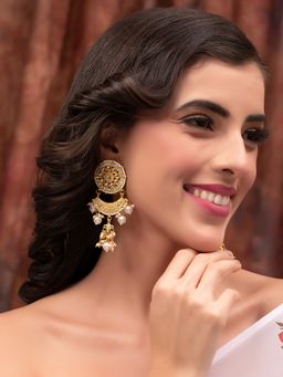 PANASH - Gold Plated Classic Kundan & Pearl Studded Drop Earrings