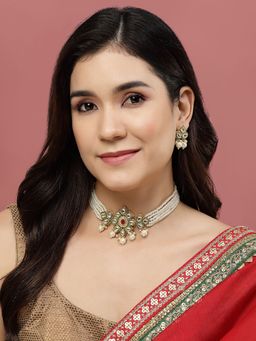 PANASH - Gold Plated Kundan Stone & Pearl Studded Layered Jewellery Set