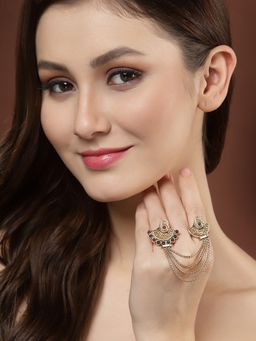 PANASH - Gold Plated Stone Studded Dual Adjustable Finger Ring