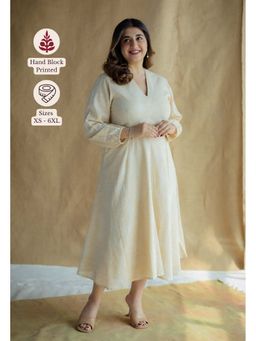 The Indian Ethnic Co. - Cream A-Line Printed Slub Cotton Embroidered Dress