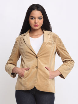 SHAYE - Beige Notch Lapel Collar Embroidered Long Sleeves Party Blazer for Women