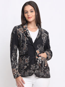 SHAYE - Black Shawl Collar Floral Print Long Sleeves Casual Party for Women