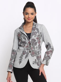SHAYE - Grey Notch Lapel Collar Floral Print Long Sleeves Casual Blazer for Women