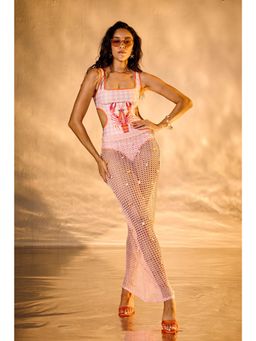 Lea Clothing - Lobster Pink Beaded Crochet Coverup Skirt
