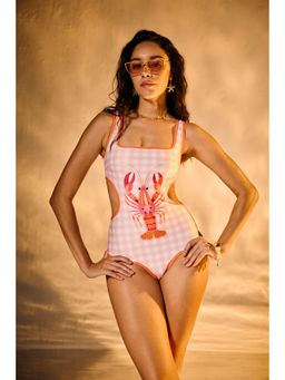 Lea Clothing - Lobster Pink Gingham Cut-Out Swimsuit