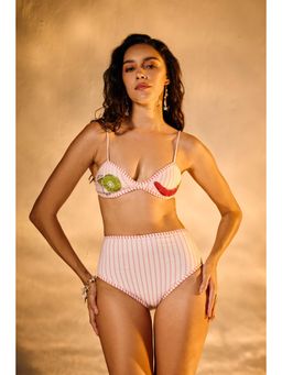 Lea Clothing - Pink Striped Embellished Bikini Top and Bikini Bottom