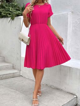 Outzidr - Pink Pleated Flared Vacay Dress