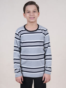 KiddoPanti - Boys Grey Full Sleeve Striped Round Neck T-Shirt