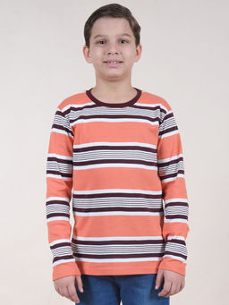 KiddoPanti - Boys Peach Full Sleeve Striped Round Neck T-Shirt