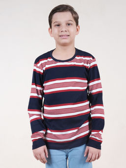 KiddoPanti - Boys Navy Blue Full Sleeve Striped Round Neck T-Shirt
