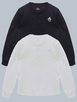 KiddoPanti - Black & White Solid Full Sleeve Henley Neck Rib T-Shirts (Pack of 2)