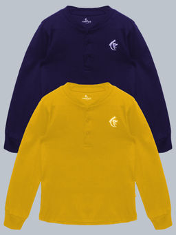 KiddoPanti - Navy Blue & Mustard Solid Full Sleeve Henley Neck Rib T-Shirts (Pack of 2)