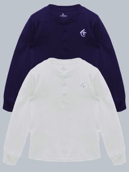KiddoPanti - Navy Blue & White Solid Full Sleeve Henley Neck Rib T-Shirts (Pack of 2)