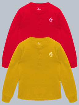 KiddoPanti - Red & Mustard Solid Full Sleeve Henley Neck Rib T-Shirts (Pack of 2)