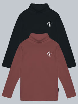 KiddoPanti - Black & Brown Solid Turtle Neck Full Sleeve T-Shirts (Pack of 2)