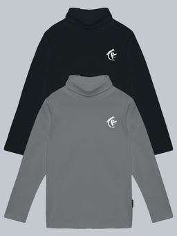 KiddoPanti - Black & Grey Solid Turtle Neck Full Sleeve T-Shirts (Pack of 2)