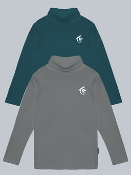 KiddoPanti - Teal & Grey Solid Turtle Neck Full Sleeve T-Shirts (Pack of 2)