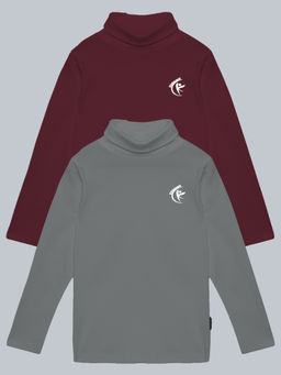 KiddoPanti - Wine & Grey Solid Turtle Neck Full Sleeve T-Shirts (Pack of 2)