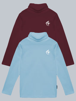 KiddoPanti - Wine & Blue Solid Turtle Neck Full Sleeve T-Shirts (Pack of 2)